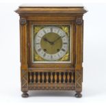 German oak chiming mantel clock, circa 1890, brass dial with matted centre, silvered chapter ring,