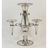 Electroplated table epergne, circa 1900, having a central trumpet with gadrooned edge and three