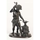 French bronze sculpture of Cupid forging arrows, late 19th Century, dark patination, height 25.