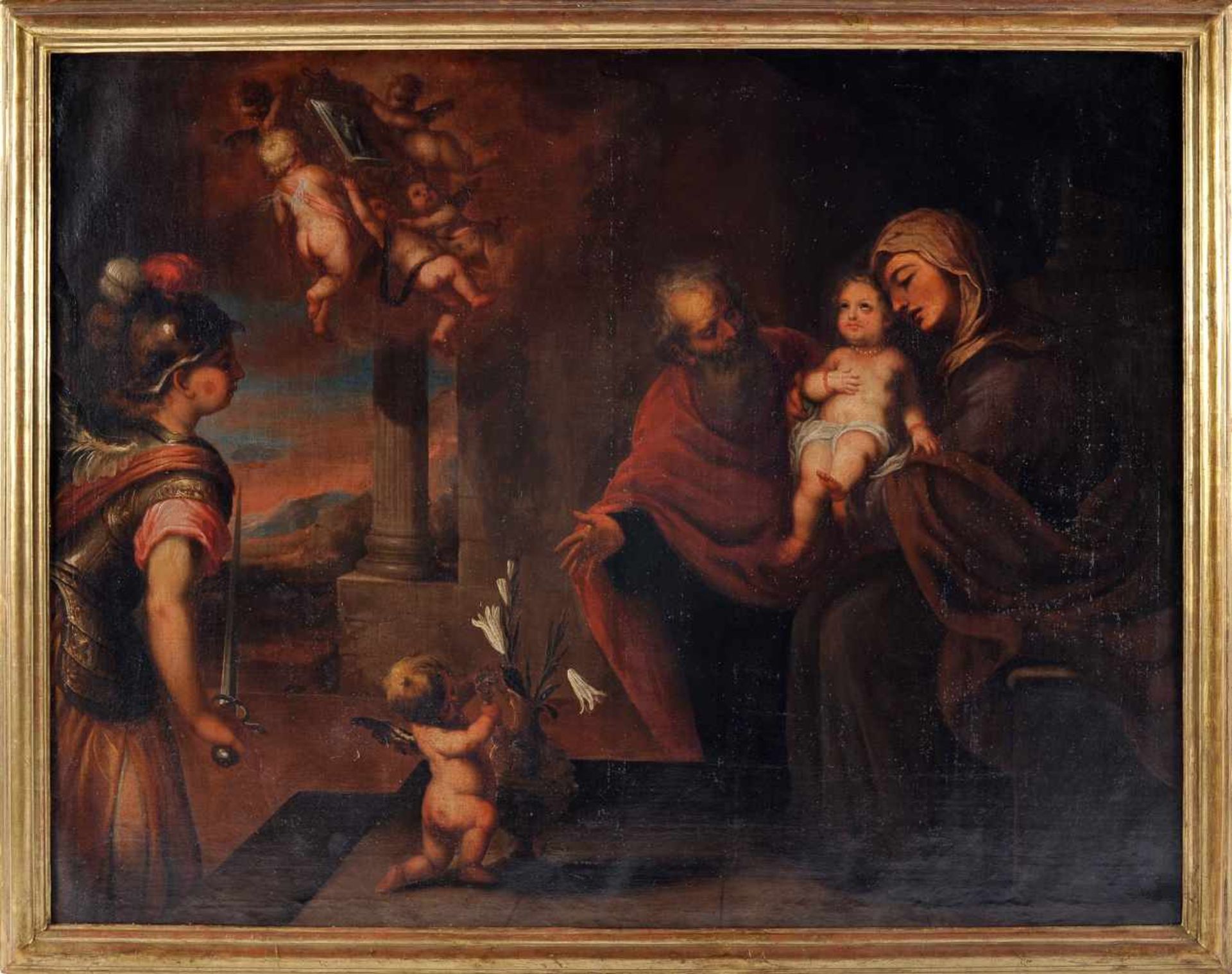 The Holy Family, Archangel and Angels showing a painting
