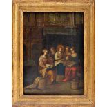 An Interior Scene - Our Lady embroidering with a picture in the background "Moses and Aaron with the