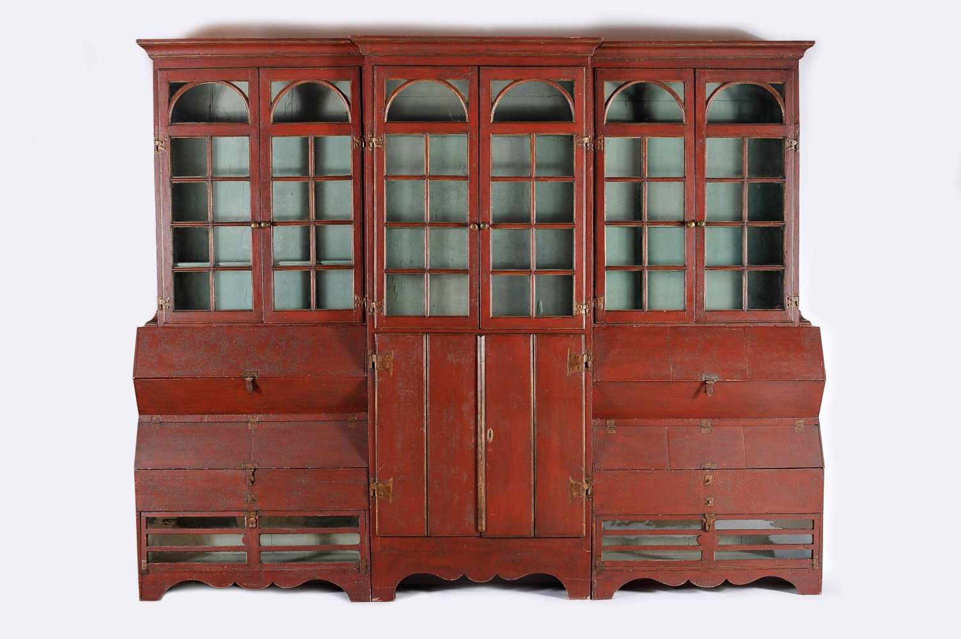 A grocery cabinet with doors, vats and upper body with glazed doors