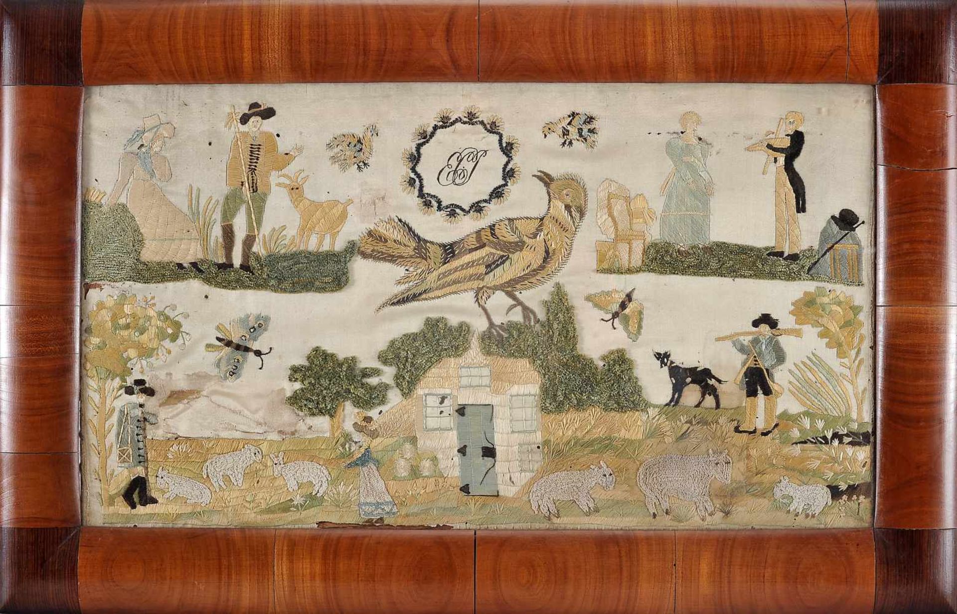 Landscape with figures, animals and monogram