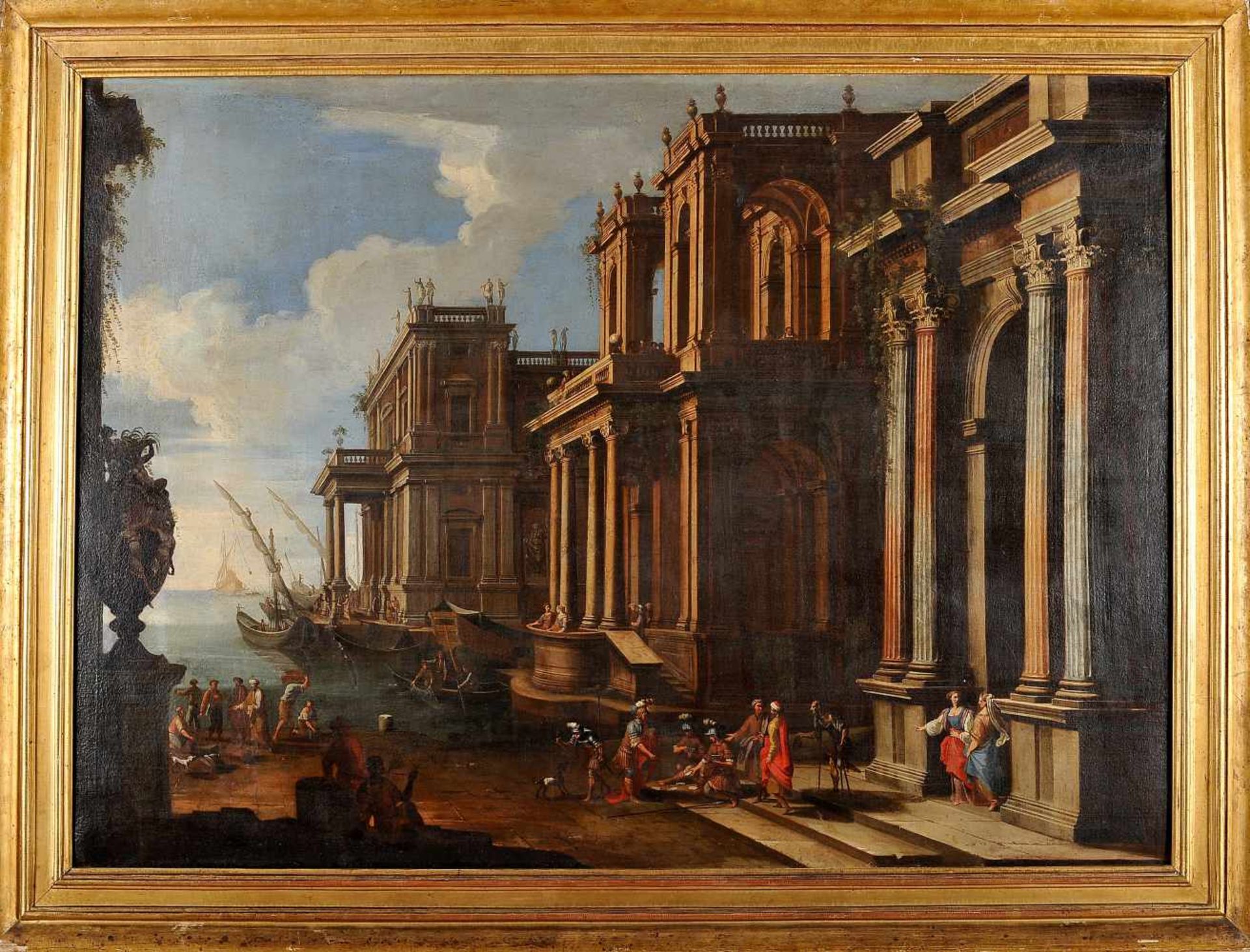 Figures next to a classic colonnadeFigures next to a classic colonnade, oil on canvas, Italian