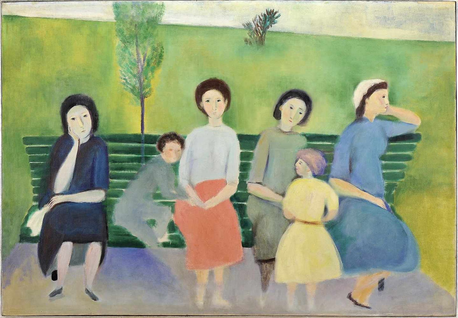 Untitled (Female figures and children seated in a garden bench)