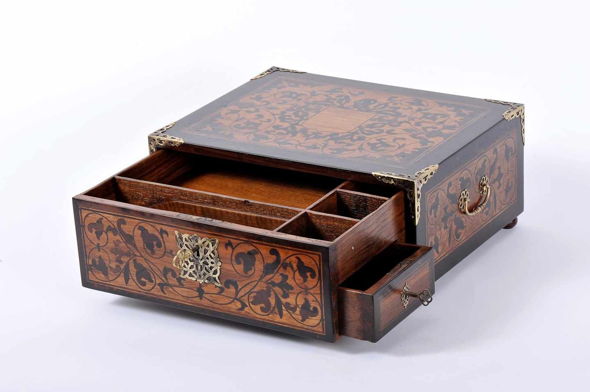 A DrawerA Drawer, Lusíada, teak, partial ebony and sissoo lined , sissoo inlays "Coat of arms with - Image 2 of 5