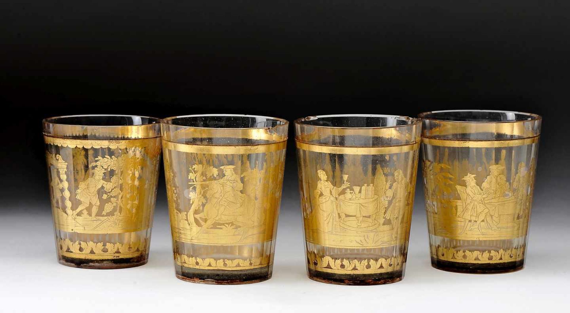 Four Faceted BeackersFour Faceted Beackers, glass, gilt decoration "Court scenes", interior with