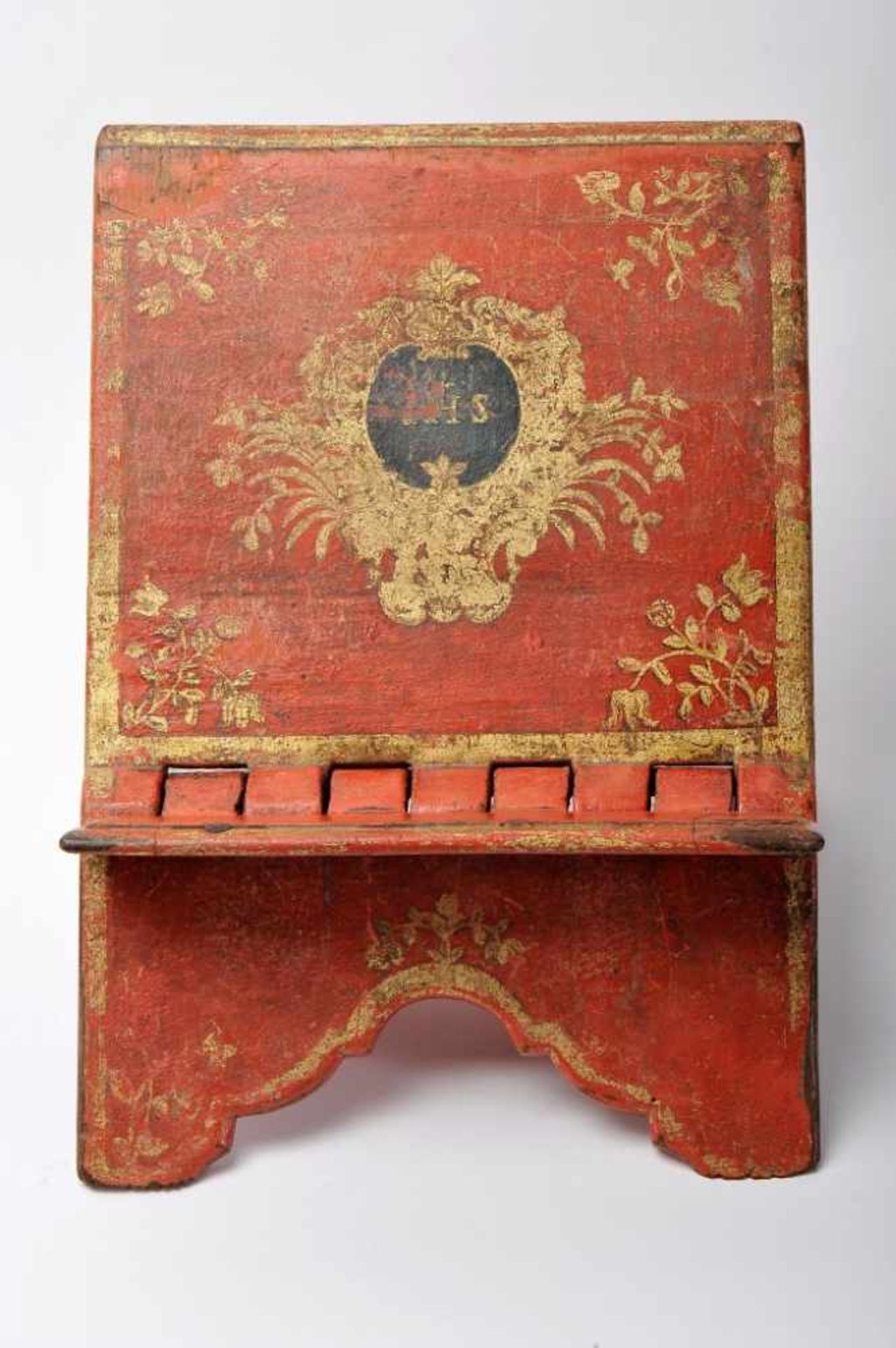 A Missal StandA Missal Stand, red painted wood with gilt and black decoration with the insignia of - Image 2 of 2
