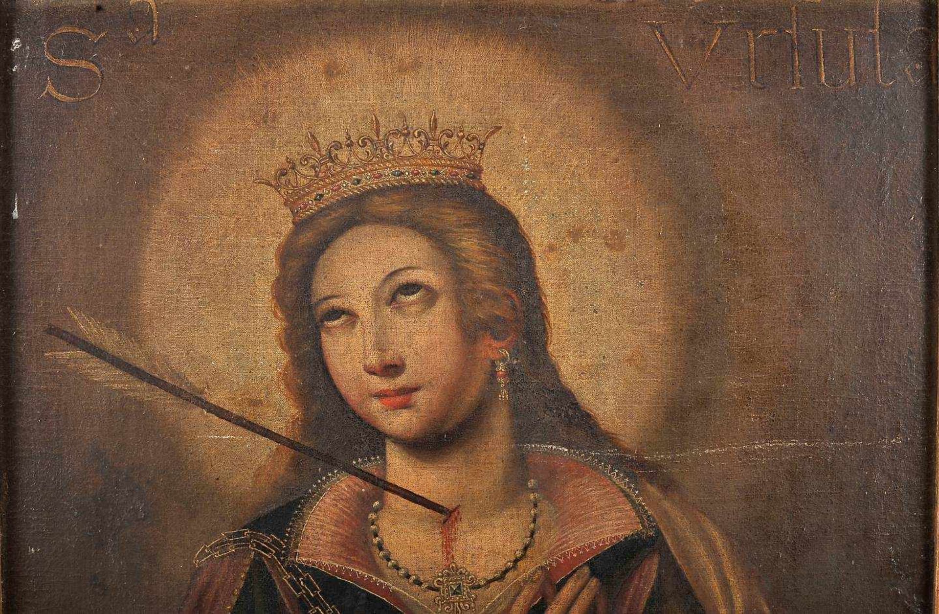 Saint UrsulaSaint Ursula, oil on canvas, Iberian school, 17th C., relined, small restoration, - Bild 2 aus 2