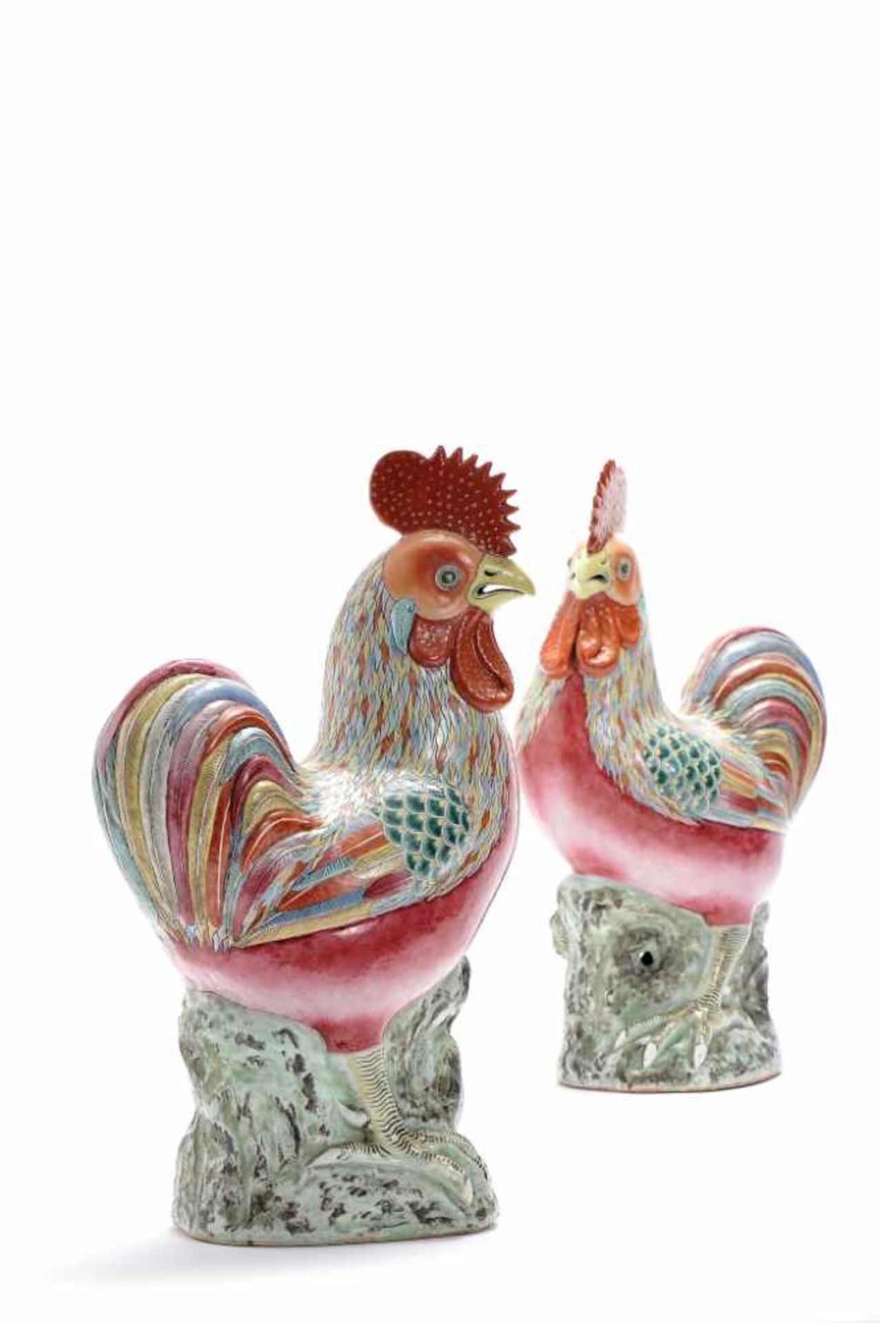 Cockerls, a pair of Chinese export porcelain sculptures, polychrome decoration, Qianlong - Image 5 of 7