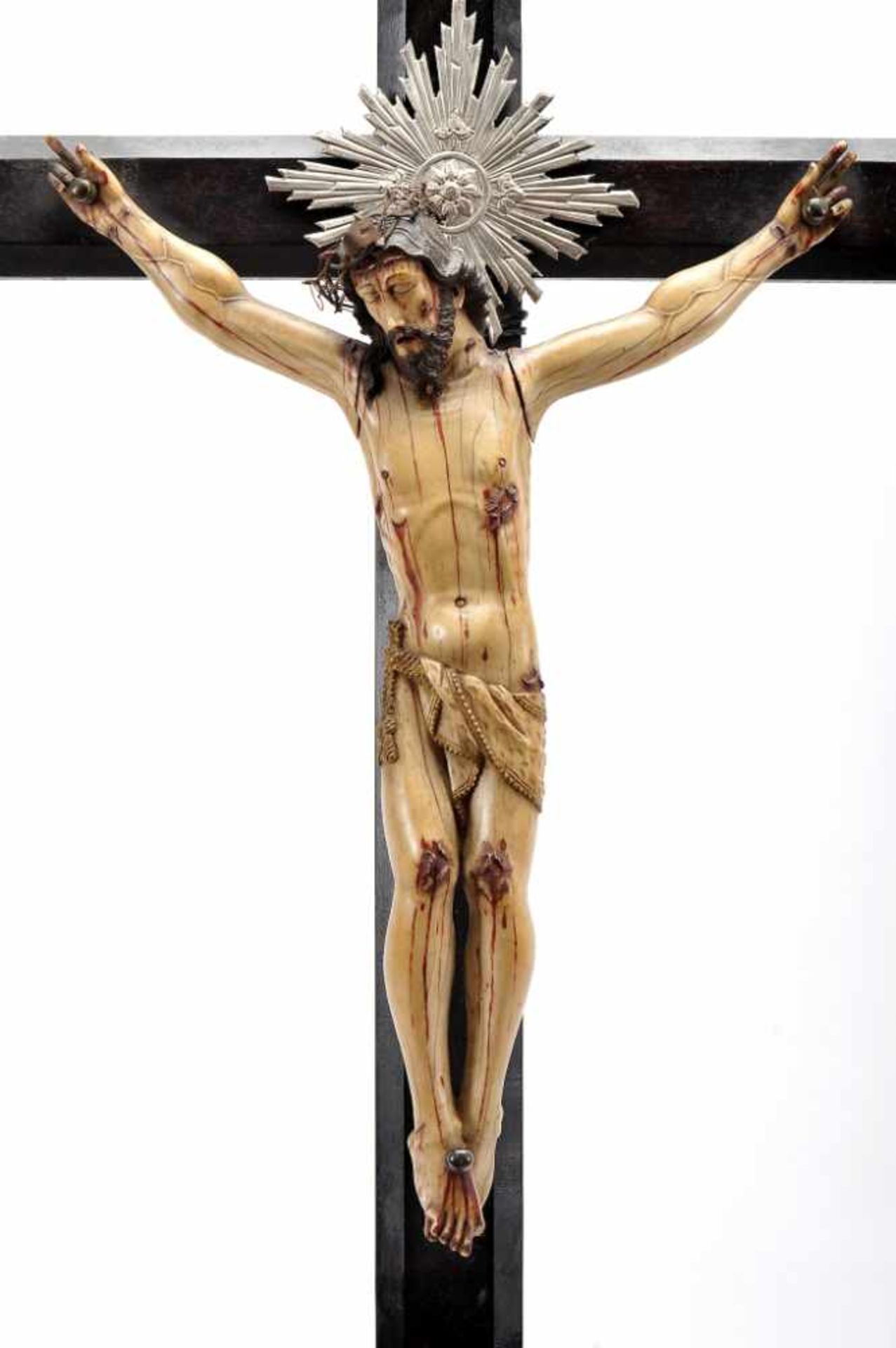 Crucified ChristCrucified Christ, partially painted and gilt ivory sculpture, ebony cross with - Bild 2 aus 2