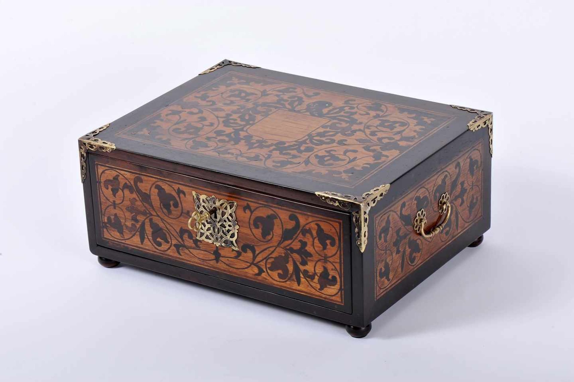 A DrawerA Drawer, Lusíada, teak, partial ebony and sissoo lined , sissoo inlays "Coat of arms with