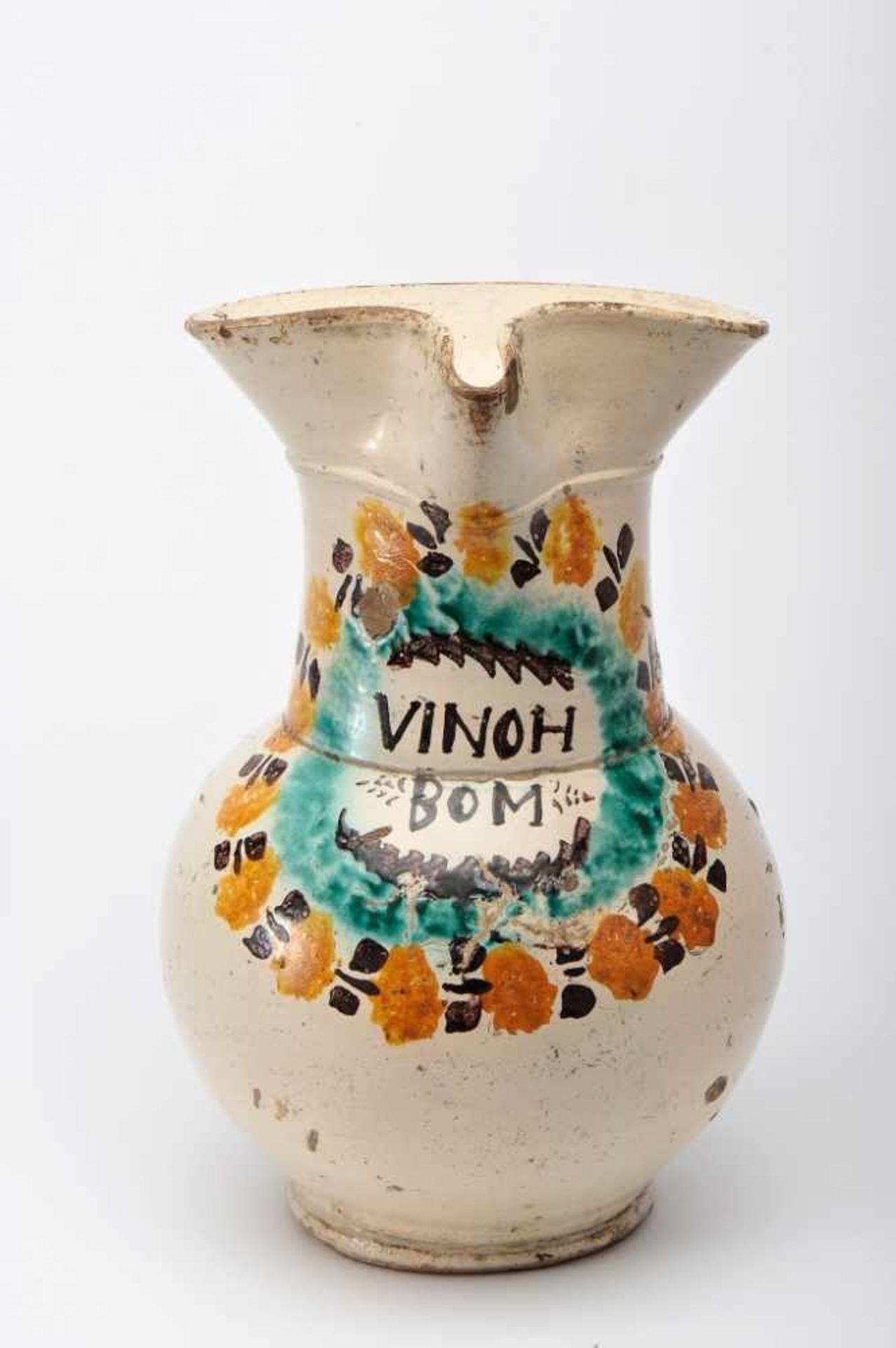 A PitcherA Pitcher, Coimbra faience known as “Ratinho”, polychrome decoration "Flowers" and VINOH