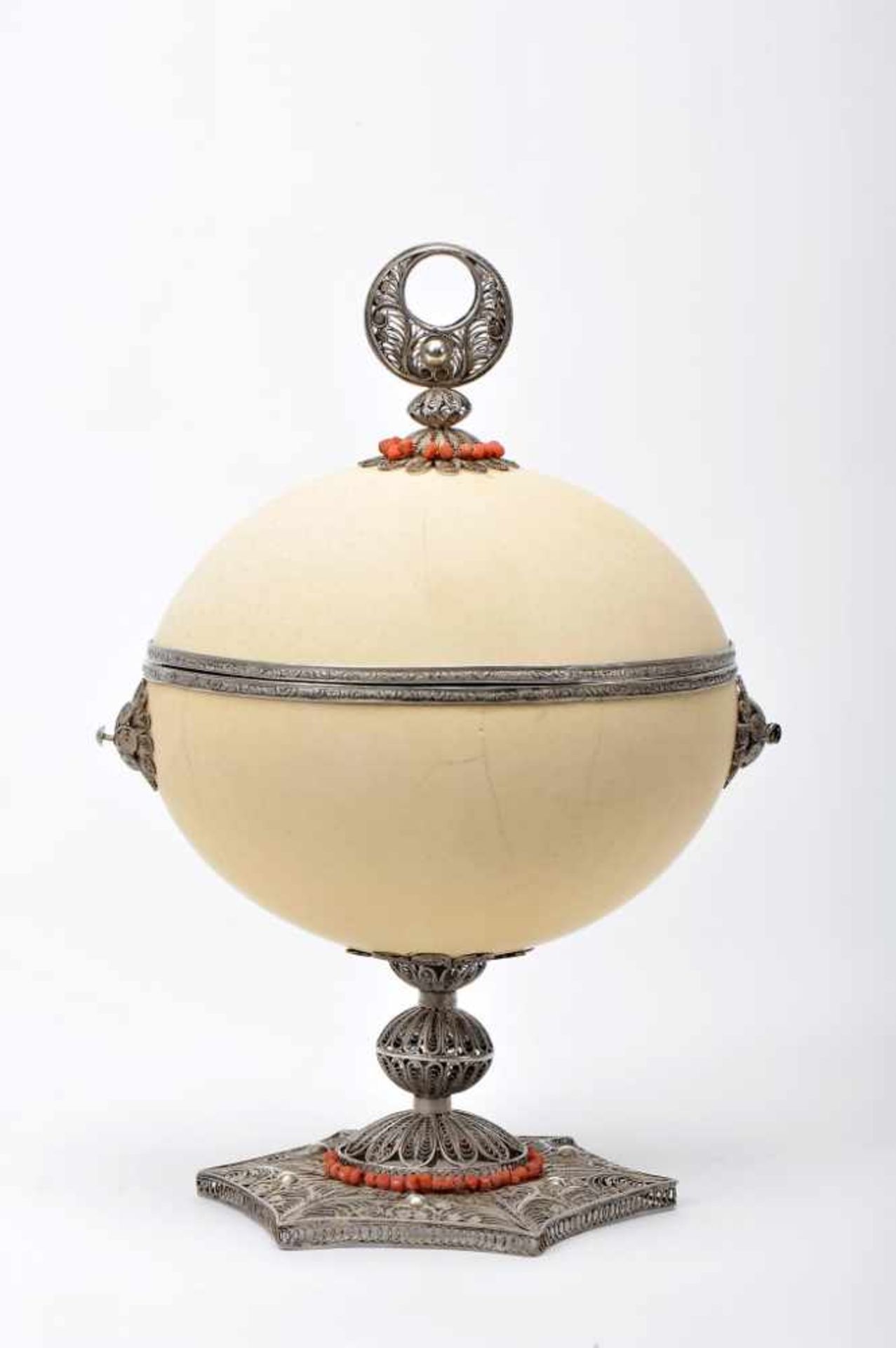 A BoxA Box, Moorish style, ostrich egg, 800/1000 filigree silver mounts with Mediterranean coral