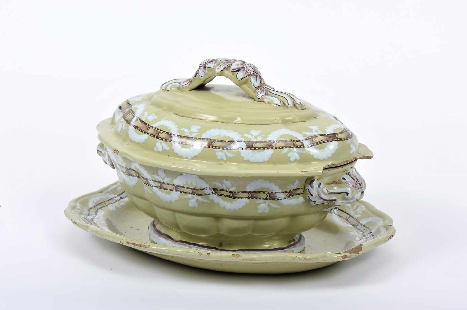 A Tureen with StandA Tureen with Stand, rocaille, faience probably from the Miragaia Factory,