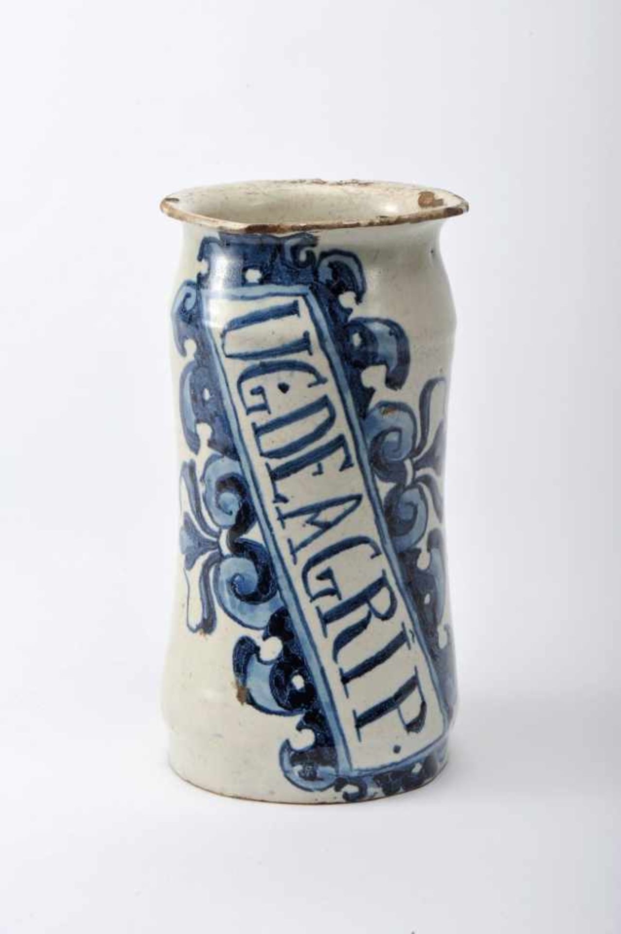 A Pharmacy PotA Pharmacy Pot, faience, blue «baroque cartouche» decoration with UG DE AGRÎP