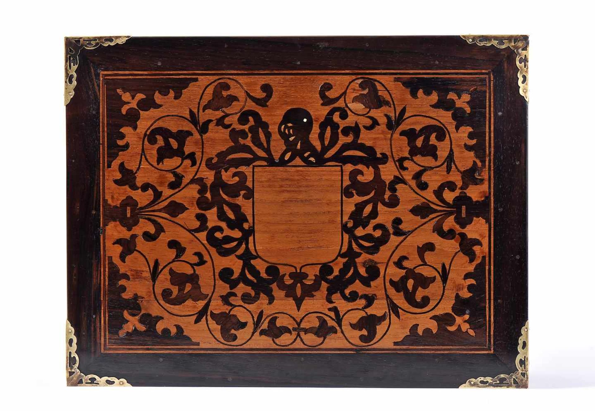 A DrawerA Drawer, Lusíada, teak, partial ebony and sissoo lined , sissoo inlays "Coat of arms with - Image 5 of 5