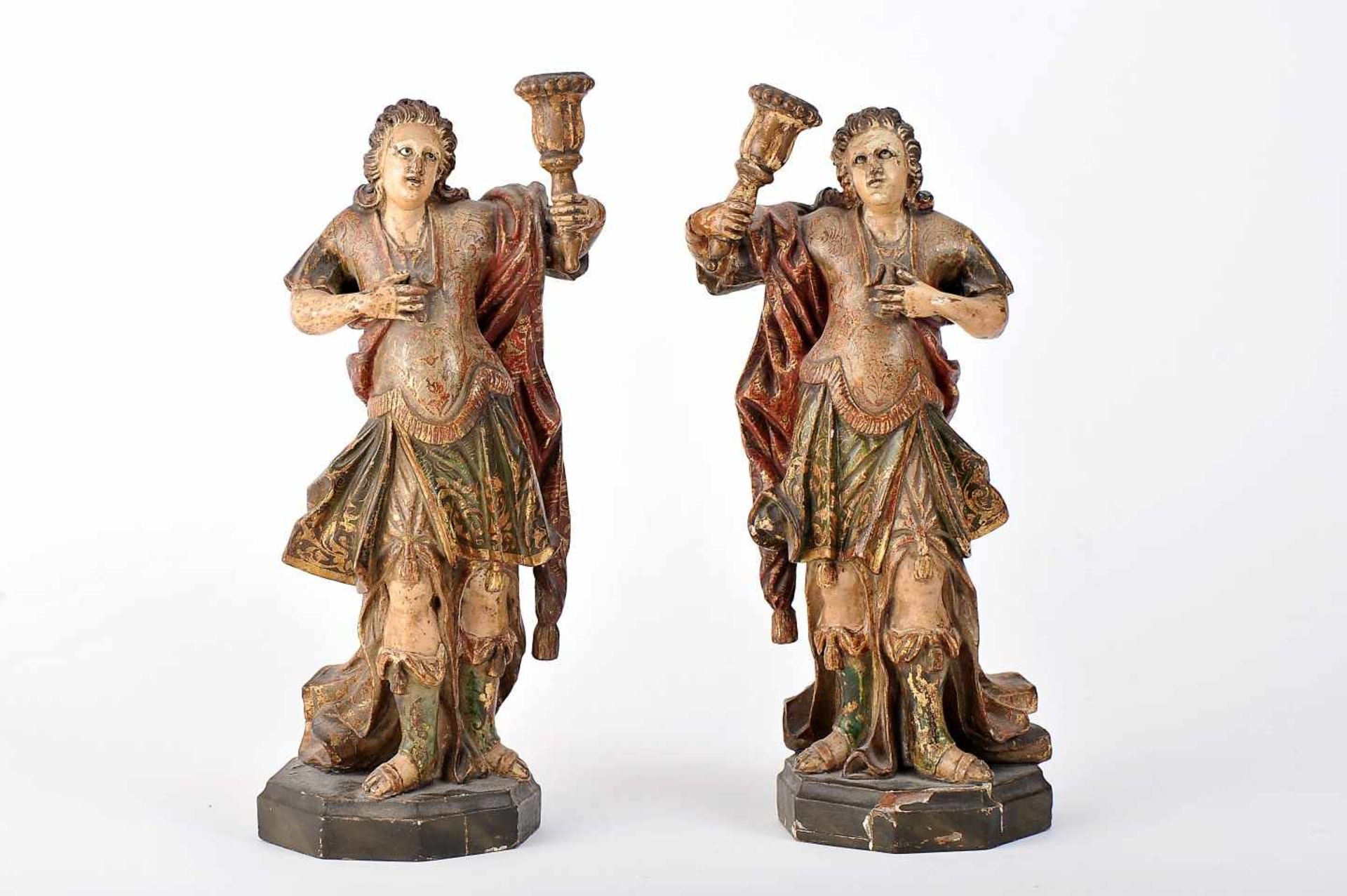 Candle-Bearing SeraphsCandle-Bearing Seraphs, a pair of wood sculptures, polychrome and gilt