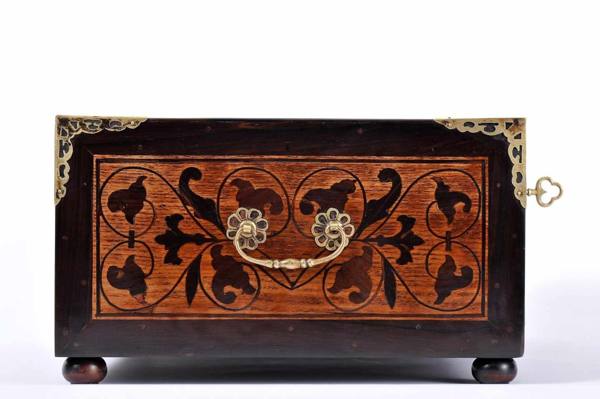 A DrawerA Drawer, Lusíada, teak, partial ebony and sissoo lined , sissoo inlays "Coat of arms with - Image 4 of 5