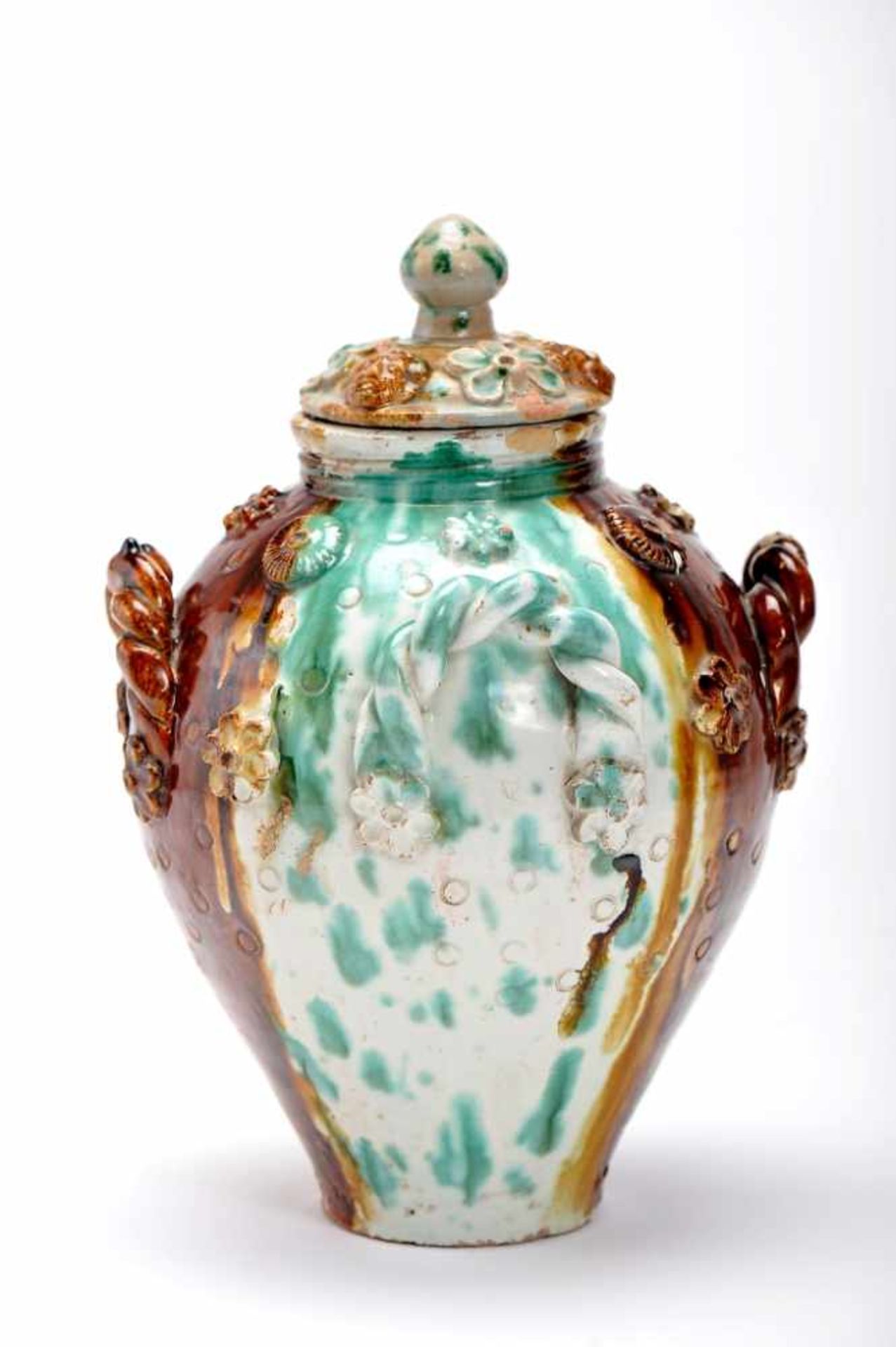 A Pot with CoverA Pot with Cover, faience of Caldas da Rainha, decoration en relief in shades of - Image 2 of 2