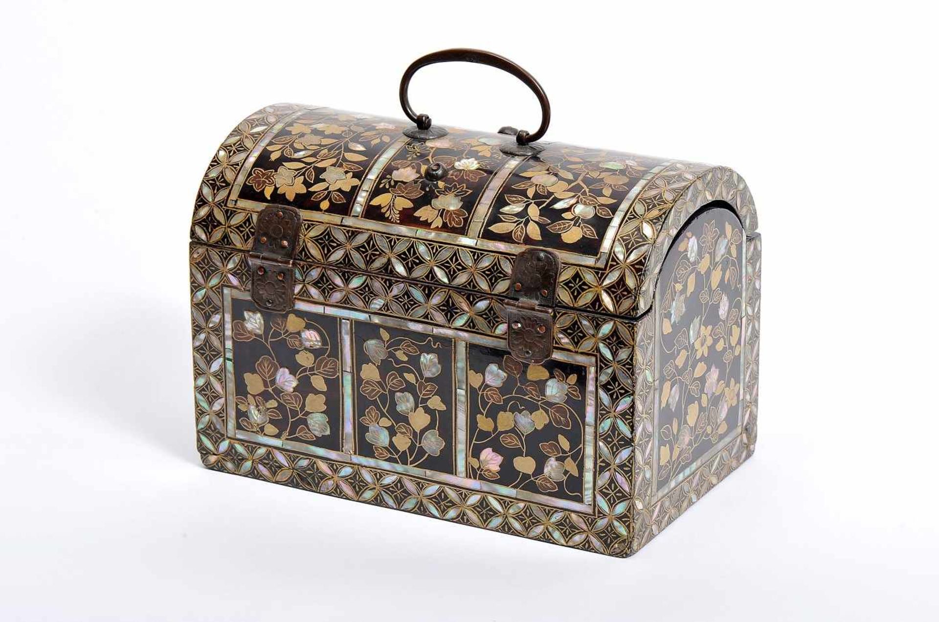 A Chest, Namban Art, black lacquer fully coated wood with gilt and brown decoration and - Image 2 of 3