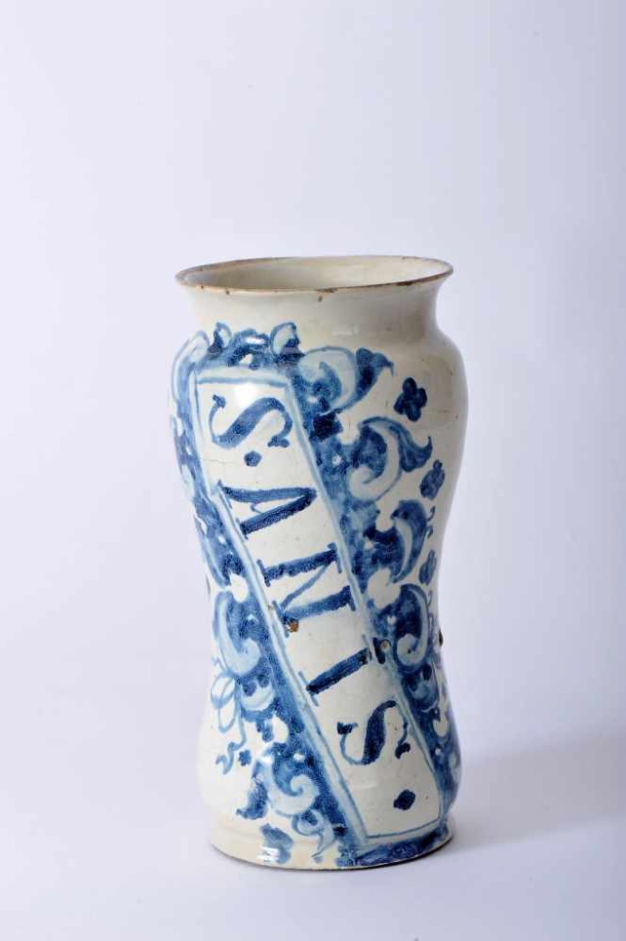 A Pharmacy PotA Pharmacy Pot, faience, blue «Barroque cartouche» decoration, band with inscription