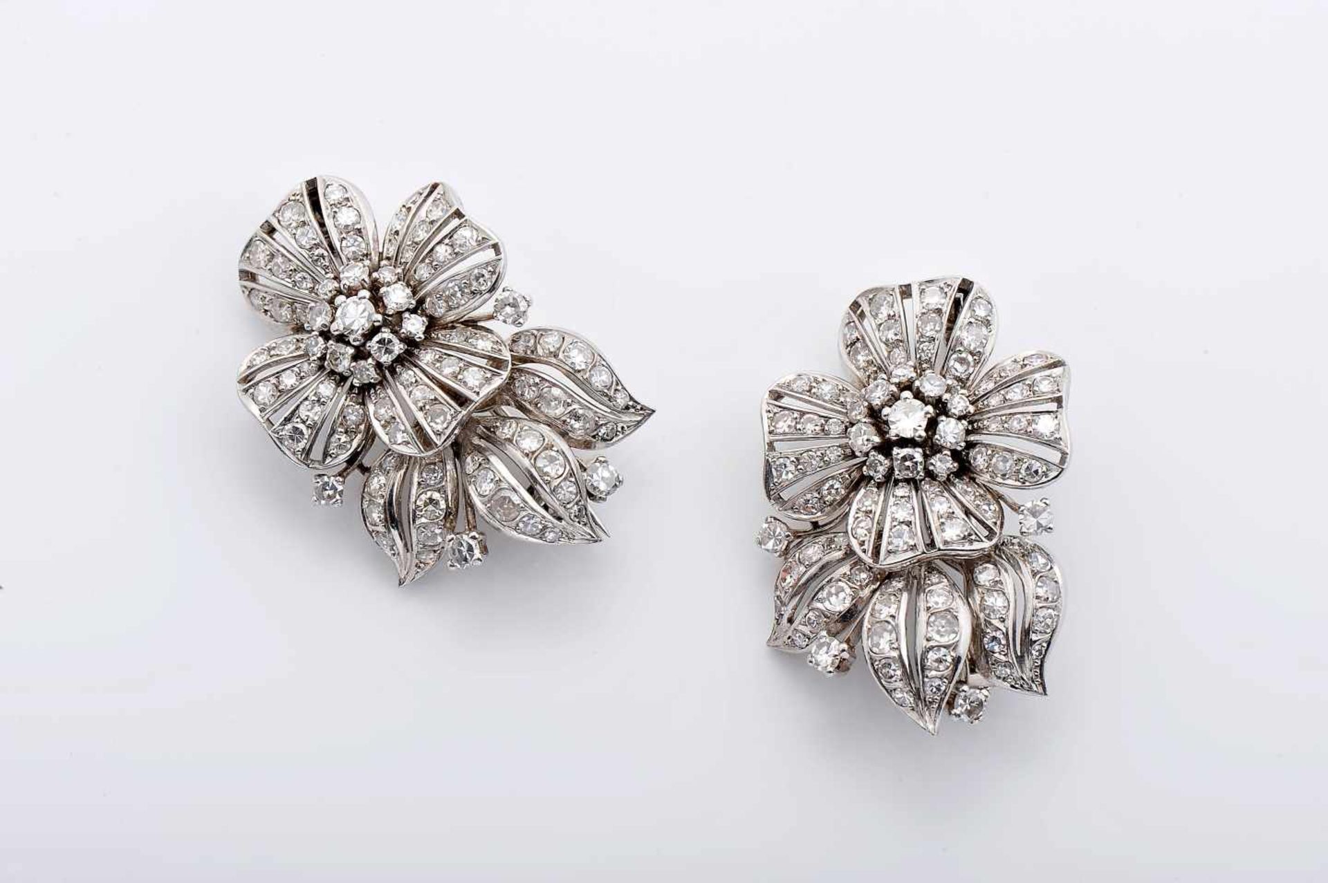 A Pair of "Flower" ClipsA Pair of "Flower" Clips, 500/1000 platinum and 800/1000 gold, set with