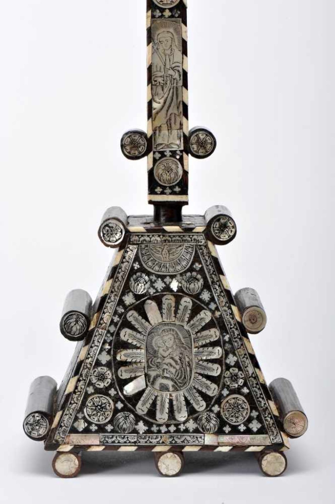 A CrucifixA Crucifix, olive wood coated with engraved mother-of-pearl plaques with backgrounds - Image 2 of 3