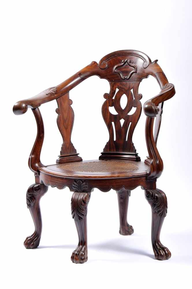 A Desk (or corner) ChairA Desk (or corner) Chair, Indian rosewood with carvings, scalloped and - Image 2 of 2