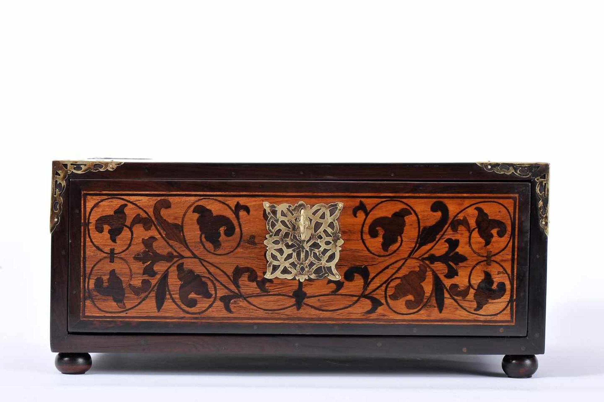 A DrawerA Drawer, Lusíada, teak, partial ebony and sissoo lined , sissoo inlays "Coat of arms with - Image 3 of 5