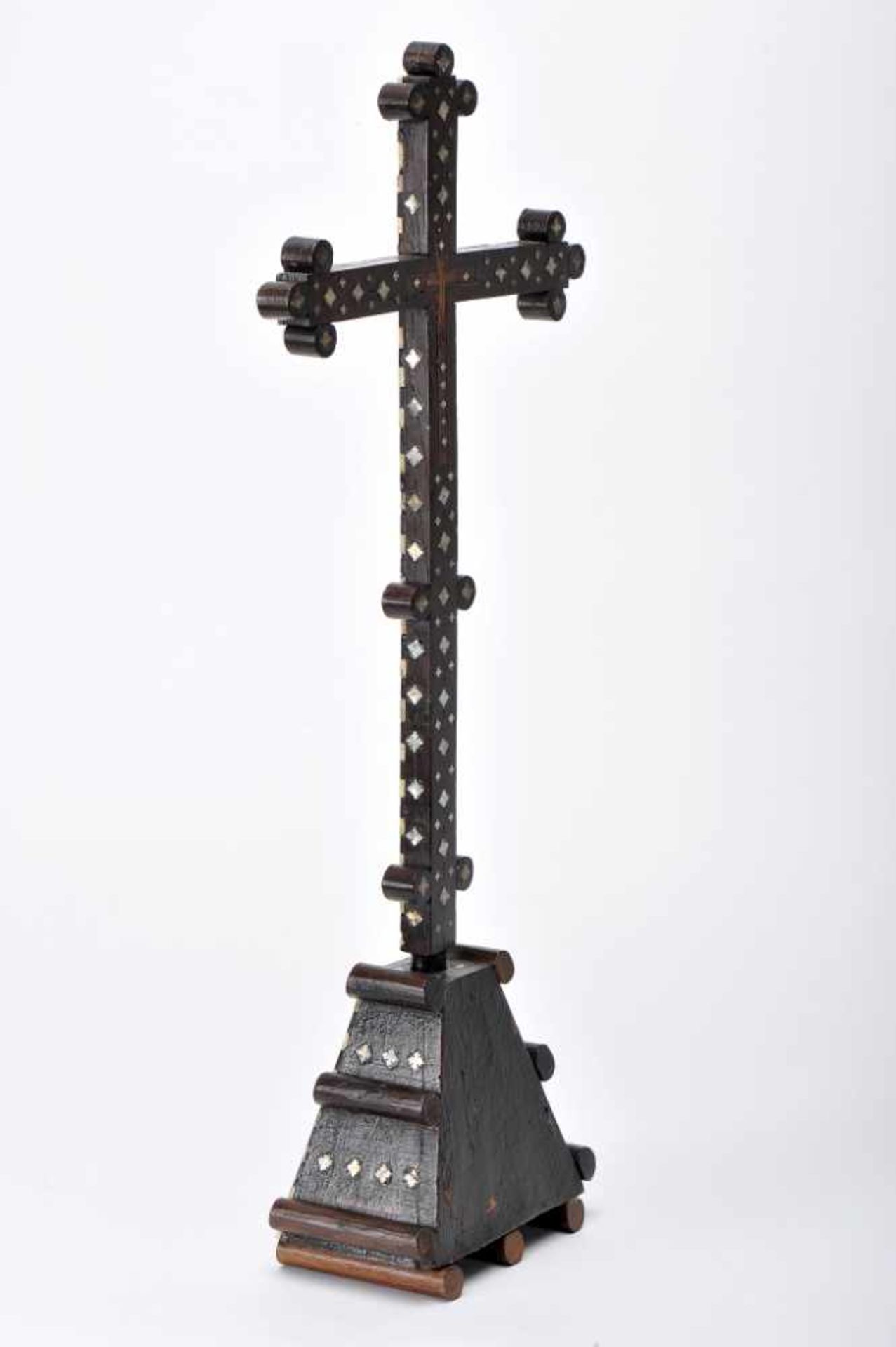 A CrucifixA Crucifix, olive wood coated with engraved mother-of-pearl plaques with backgrounds - Image 3 of 3