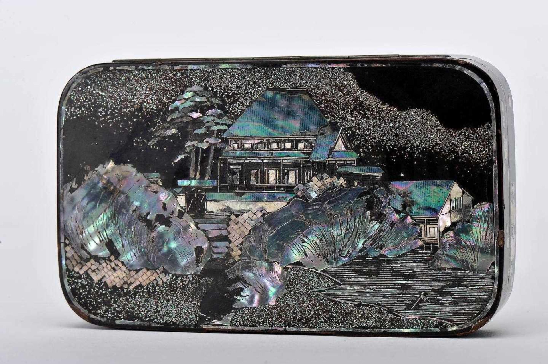 A Tobacco CaseA Tobacco Case, brass entirely coated with black lacquer and mother-of-pearl " - Image 2 of 2