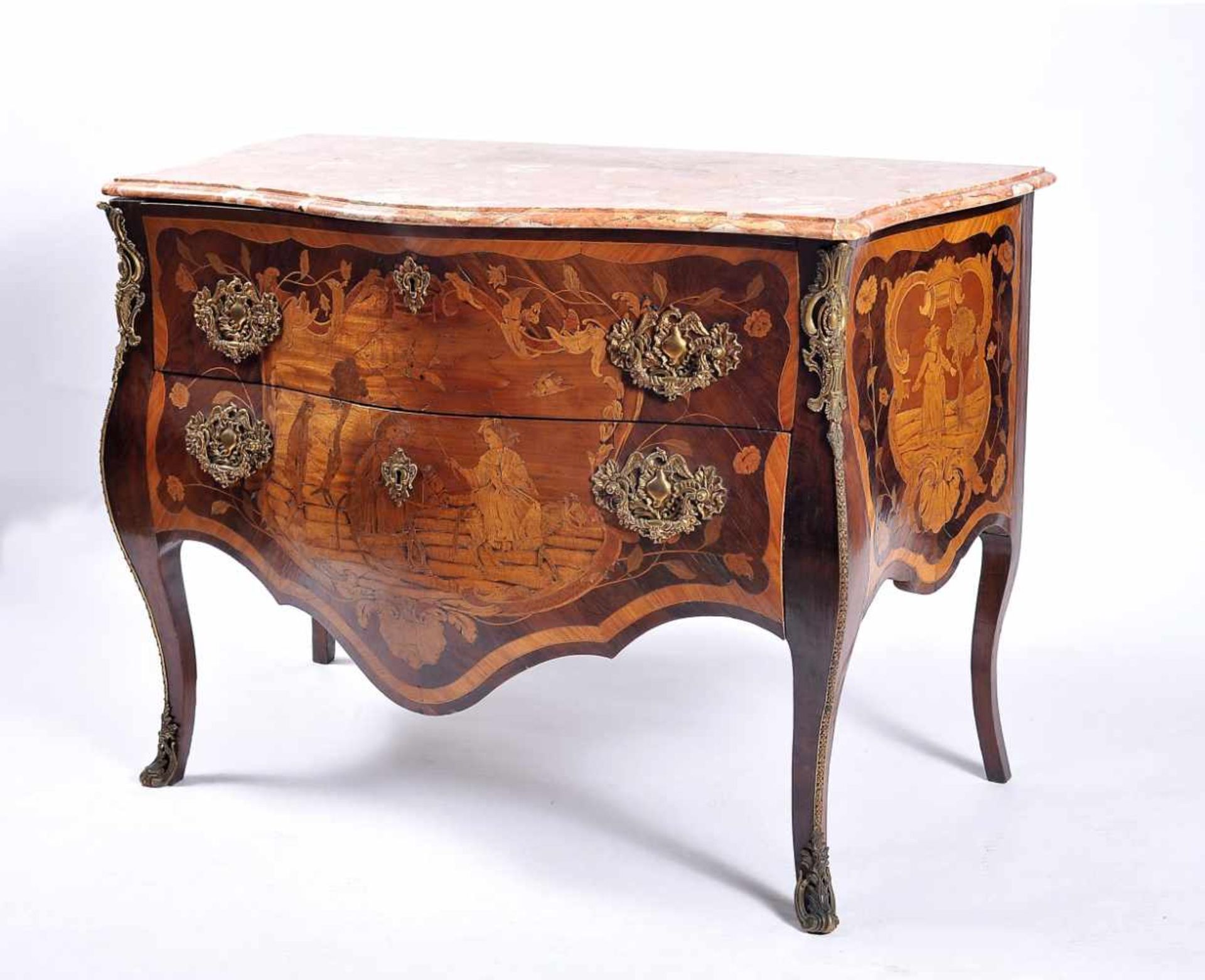 A Pair of CommodesA Pair of Commodes, Louis XV style, Brazilian rosewood, mahogany, boxwood and - Bild 2 aus 6