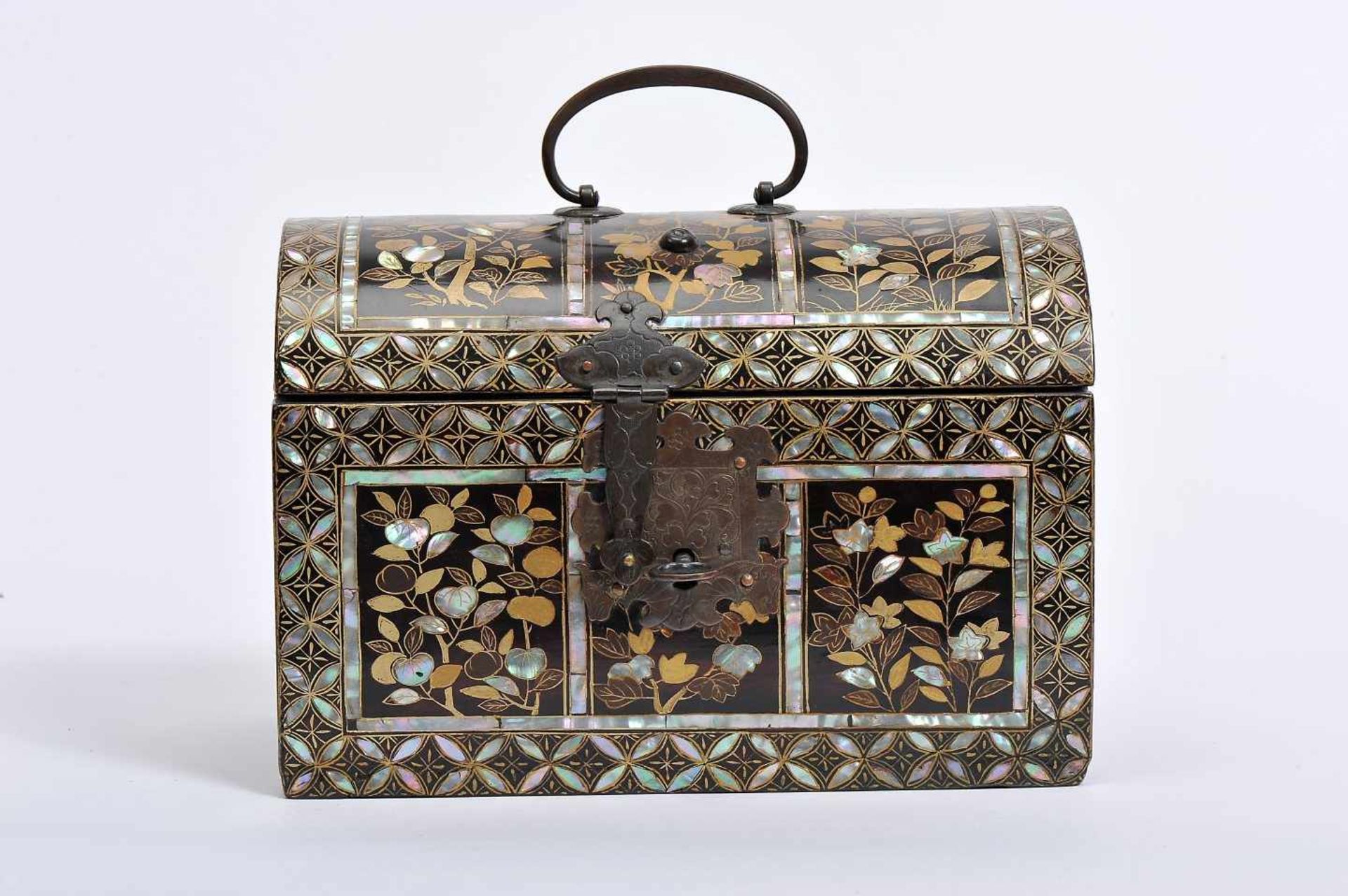 A Chest, Namban Art, black lacquer fully coated wood with gilt and brown decoration and