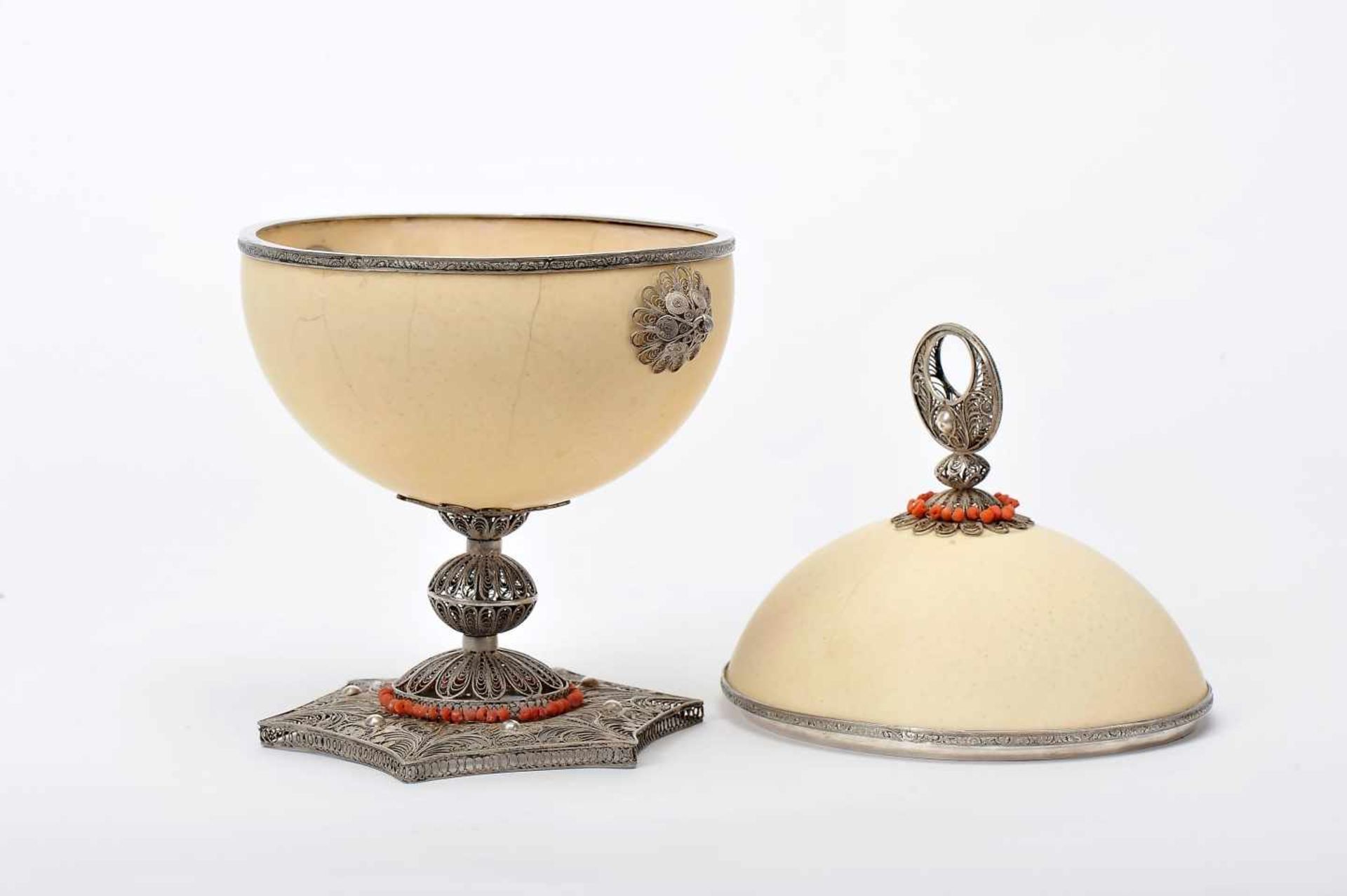 A BoxA Box, Moorish style, ostrich egg, 800/1000 filigree silver mounts with Mediterranean coral - Image 2 of 2