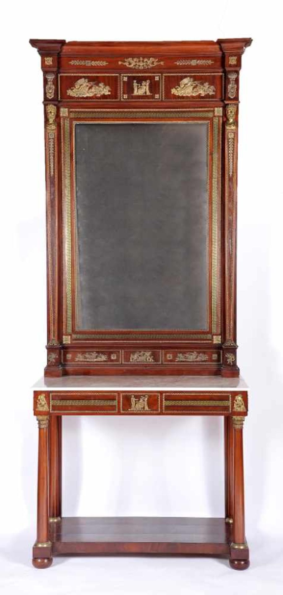 A Pier GlassA Pier Glass, Empire, mahogany and burr-mahogany veneer, Brazilian rosewood and yellow