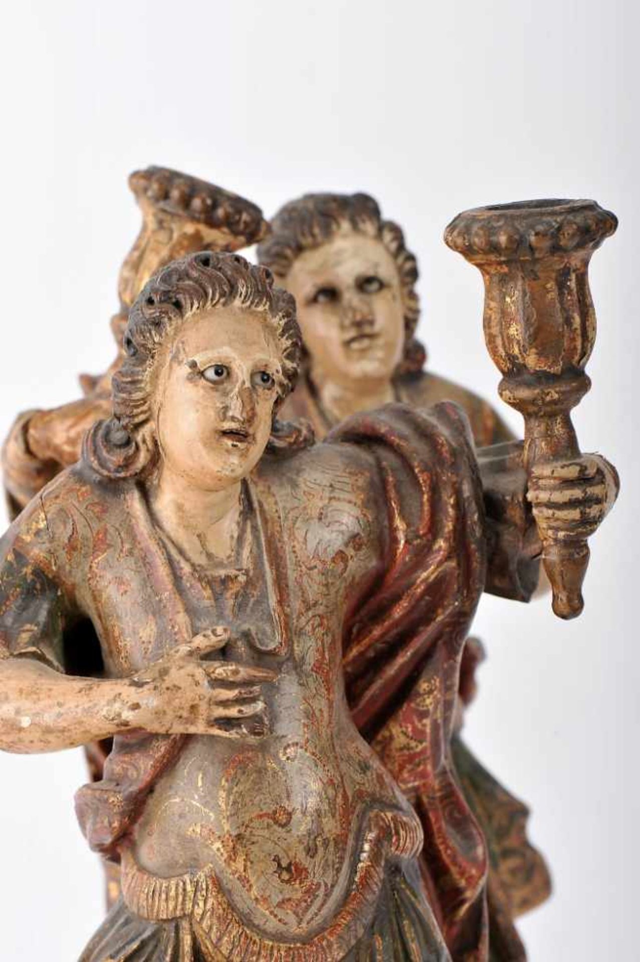 Candle-Bearing SeraphsCandle-Bearing Seraphs, a pair of wood sculptures, polychrome and gilt - Image 2 of 3