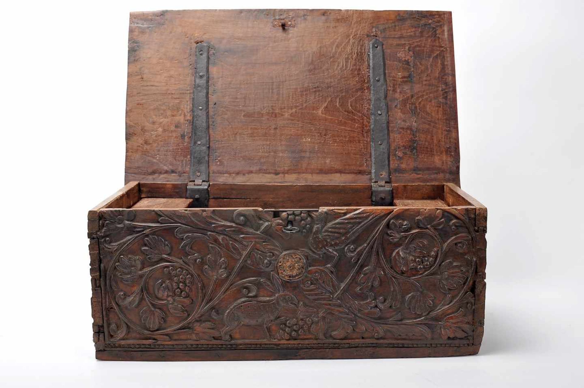A Small ChestA Small Chest, red anjili wood with traces of polychromy, low-relief decoration " - Image 2 of 4