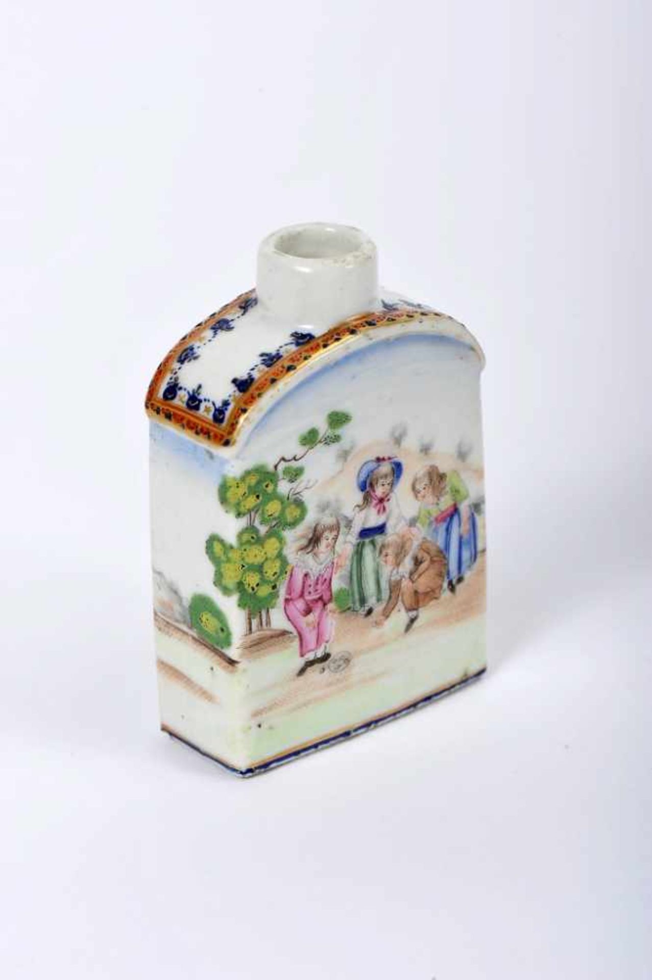 A Small Tea CaddyA Small Tea Caddy, Chinese export porcelain, polychrome and gilt decoration with