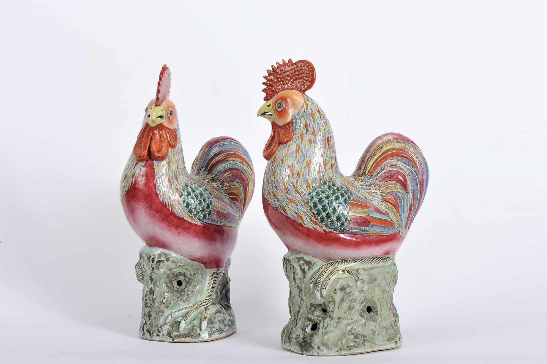Cockerls, a pair of Chinese export porcelain sculptures, polychrome decoration, Qianlong