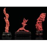 Three coral figures, China, early 1900s - Gross weight 746gr, H from 11cm to 20cm -