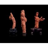 Three coral figures, China, early 1900s - Gross weight 465; H from 11cm to 16cm -