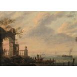 Scuola del XVIII secolo, Veduta costiera con rovine - olio su tavoletta, cm 20x27 -