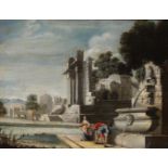 Scuola del XVIII secolo, Paesaggio con architetture e coppia di giovani presso una [...]