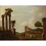 Scuola del XVIII secolo, Veduta con rovine e viandanti - olio su tela, cm 70x92 -