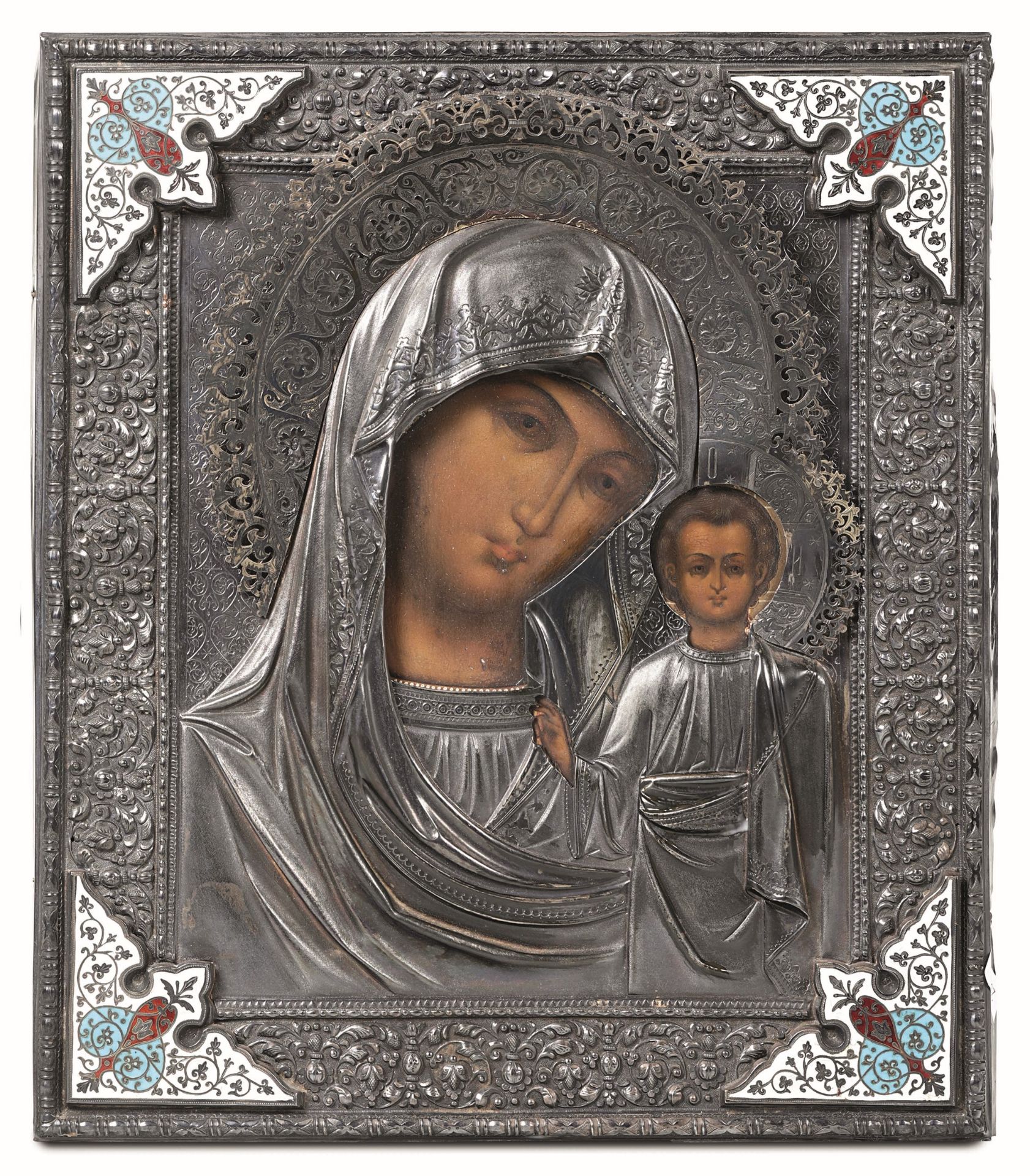 An icon with silver riza, Moscow 1893 - Molten, embossed and chiselled silver and [...]