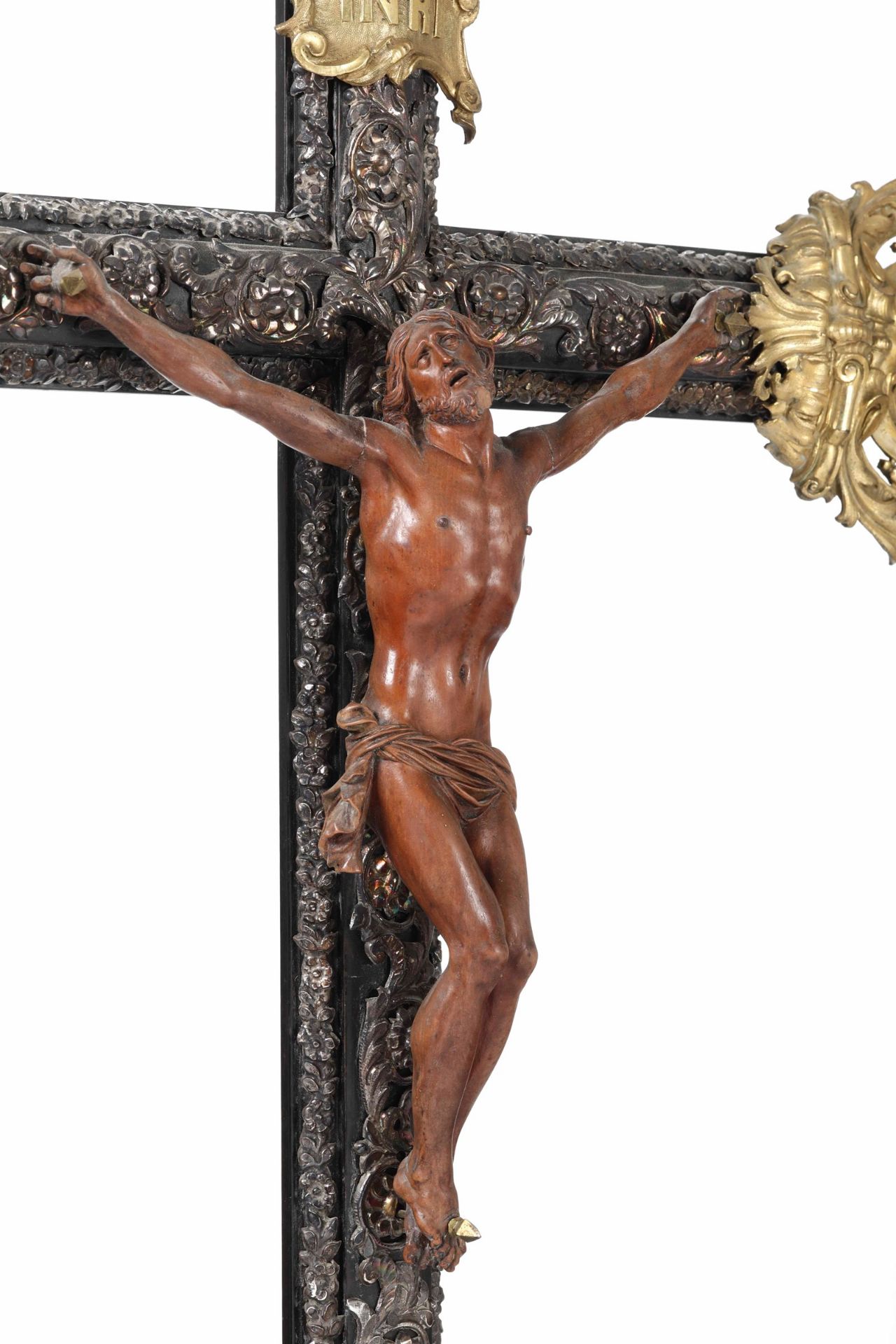 Croce da meditazione in legno ebanizzato, argento, rame e bronzo dorato. Cristo in [...] - Bild 3 aus 4