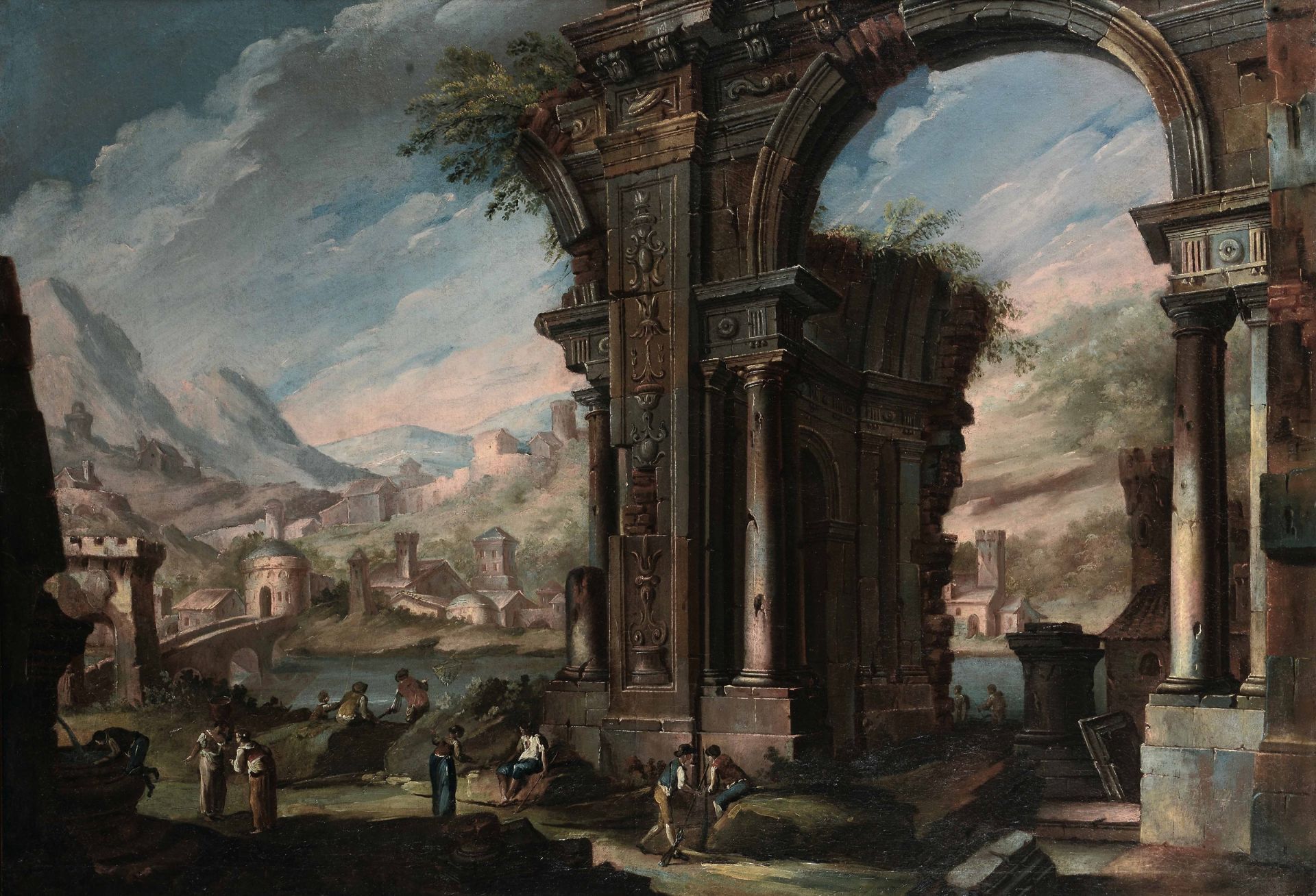 Scuola italiana del XVIII secolo, Capricci architettonici - coppia di dipinti ad olio [...] - Bild 2 aus 4