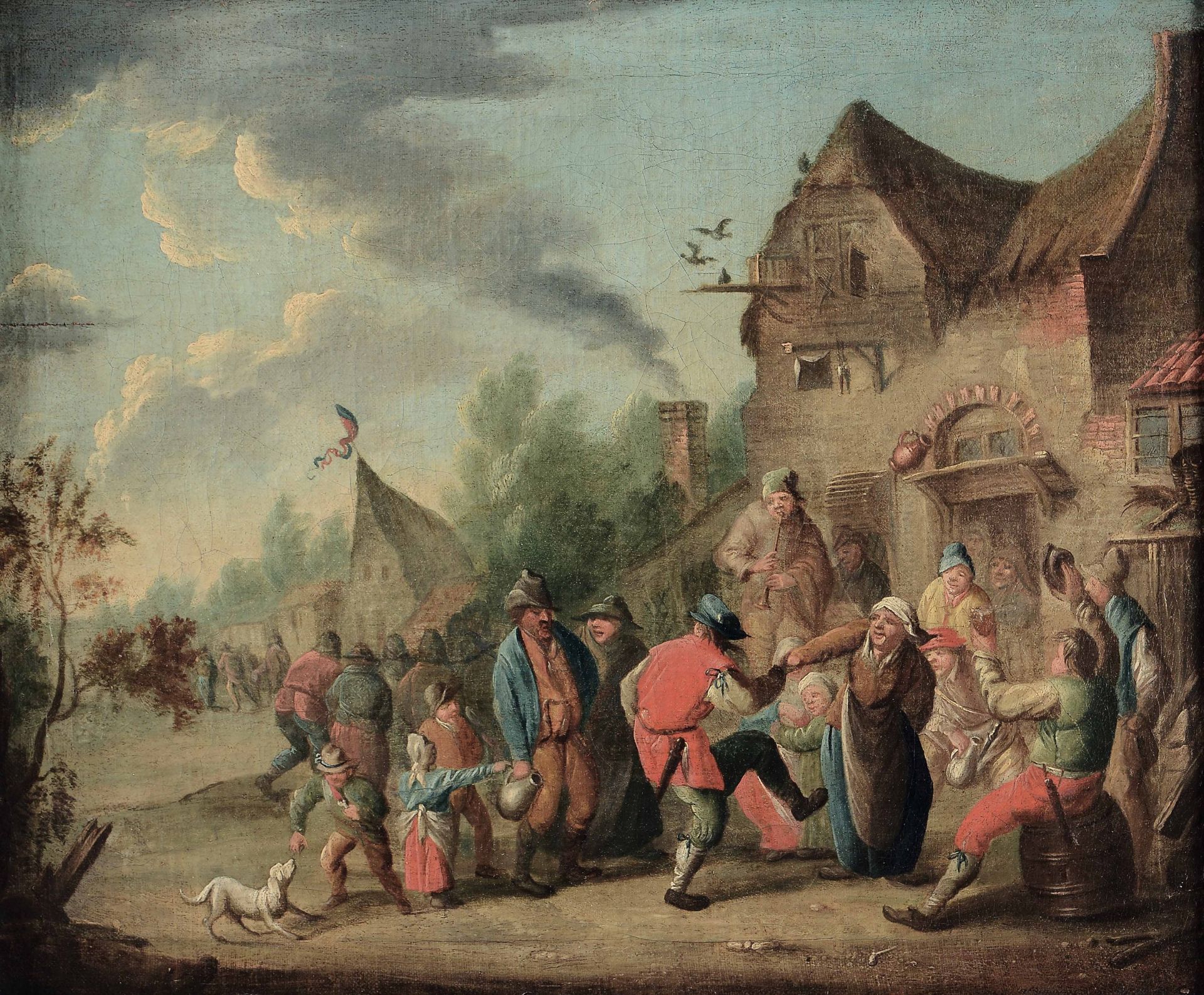 Scuola fiamminga del XVIII secolo, Festa di paese - olio su tela, cm 48x60 -