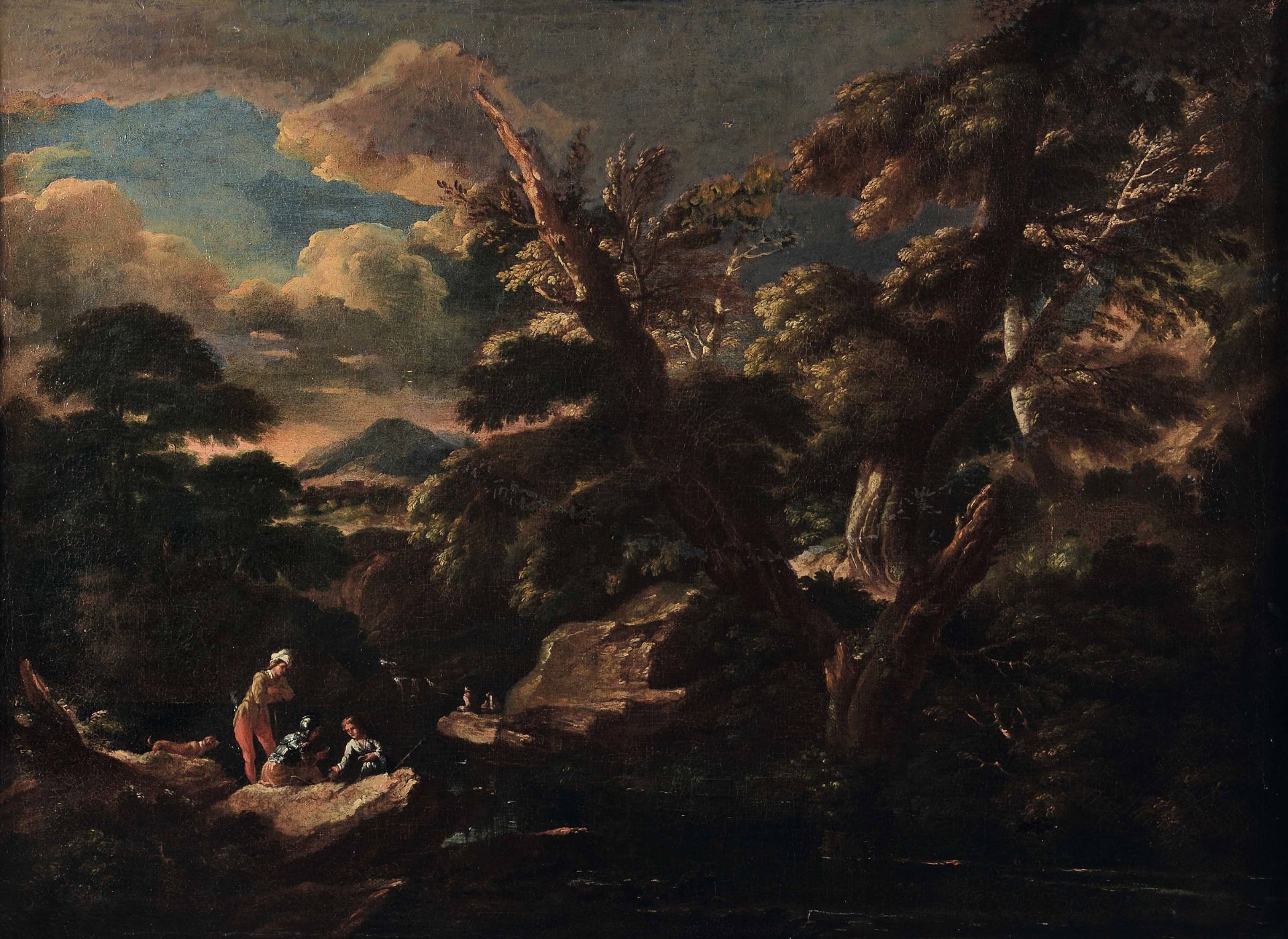 Scuola del XVIII secolo, Paesaggio con viandanti - olio su tela, cm 72x100 -